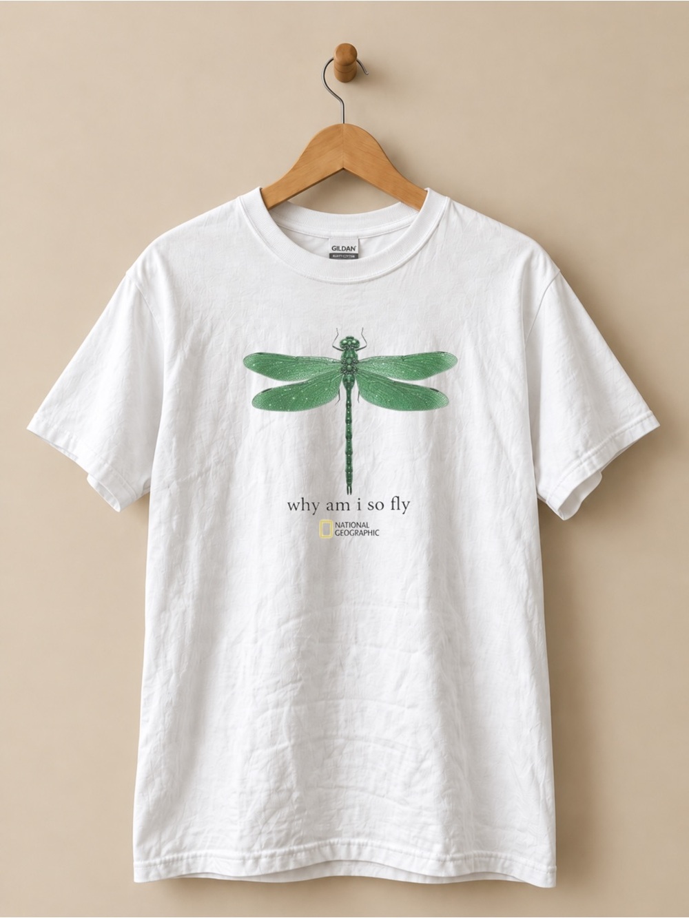 Gildan White Short Sleeve Tee with Green Dragonfly Graphic